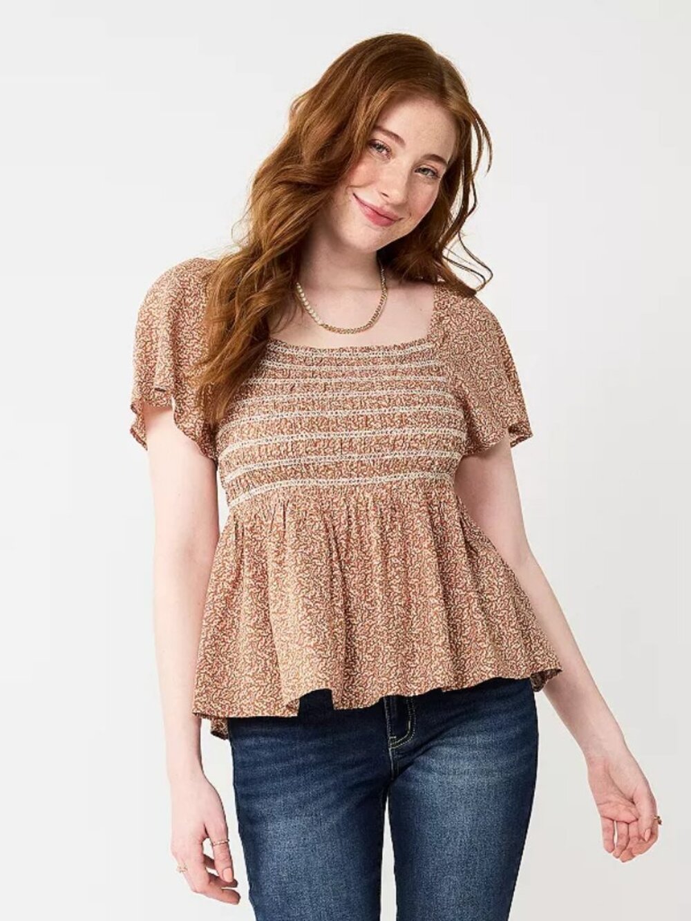 Junior's SO Smocked Babydoll Top with Ruffled Sleeves - Brown Cream Floral - M